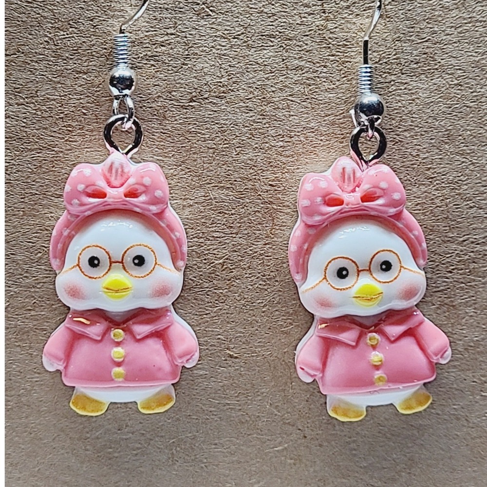 Pink Chicken with Bow and Glasses Resin Drop Earrings Silver Tone Fishhook